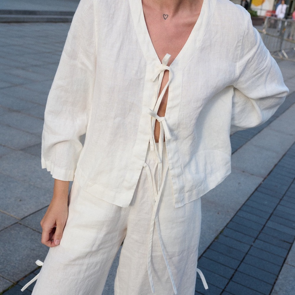 Cream Linen Tie-Front Top